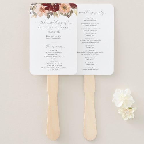 Burgundy and Peach Floral Wedding Ceremony Program Hand Fan