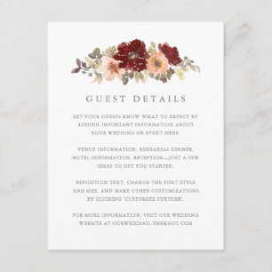 Burgundy and Peach Floral Wedding Guest Details Enclosure Card