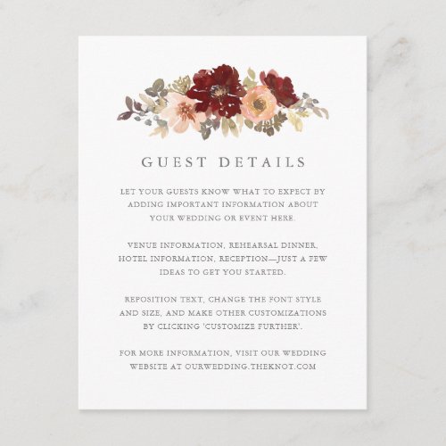 Burgundy and Peach Floral Wedding Guest Details Enclosure Card