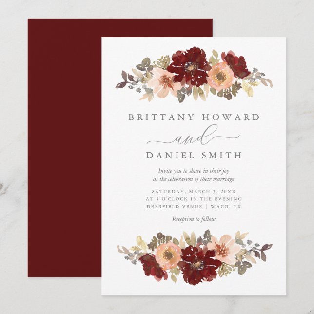 Burgundy and Peach Floral Wedding Invitation (Front/Back)
