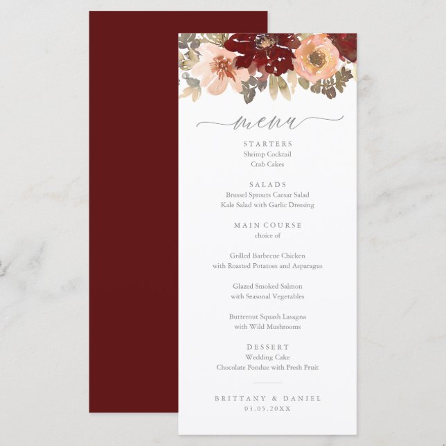 Burgundy and Peach Floral Wedding Menu (Front/Back)