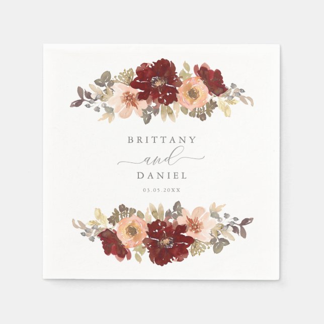 Burgundy and Peach Floral Wedding Napkins (Front)