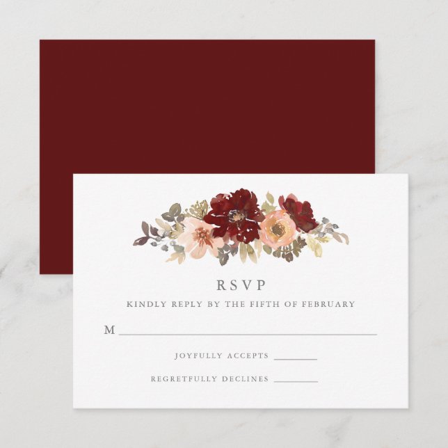 Burgundy and Peach Floral Wedding RSVP Card (Front/Back)