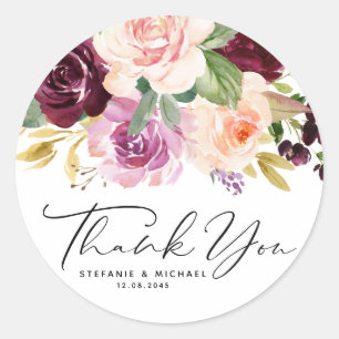 Burgundy and Peach Flowers Fall Wedding Thank You Classic Round Sticker