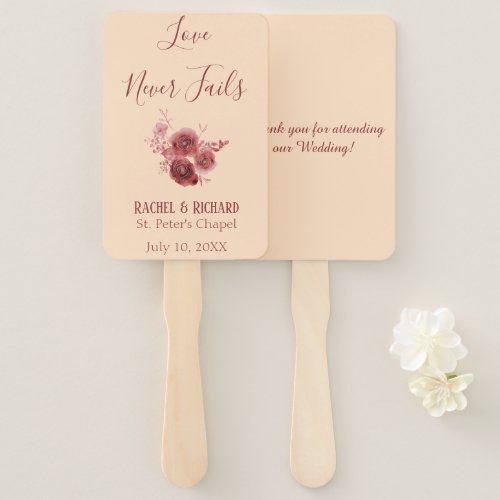 Burgundy and peach love never fails hand fan