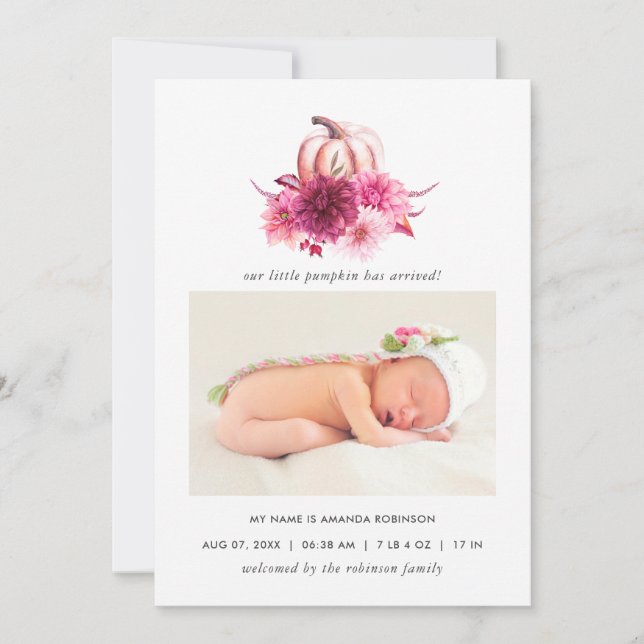 Burgundy and Pink Autumn Fall Birth Announcement (Front)