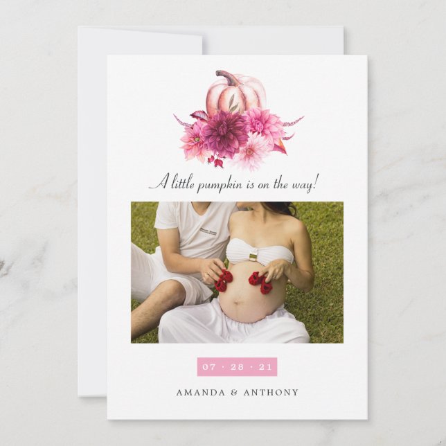 Burgundy and Pink Autumn Fall Photo Pregnancy Announcement (Front)