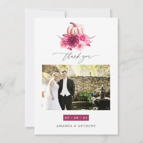 Burgundy and Pink Autumn Fall Wedding Photo Thank You Card