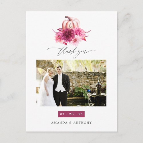 Burgundy and Pink Autumn Fall Wedding Thank You Postcard