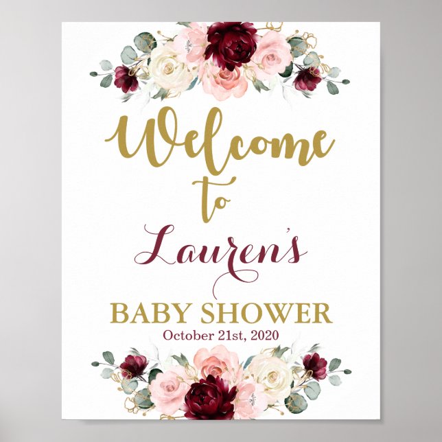 Burgundy and Pink Baby Shower welcome sign (Front)
