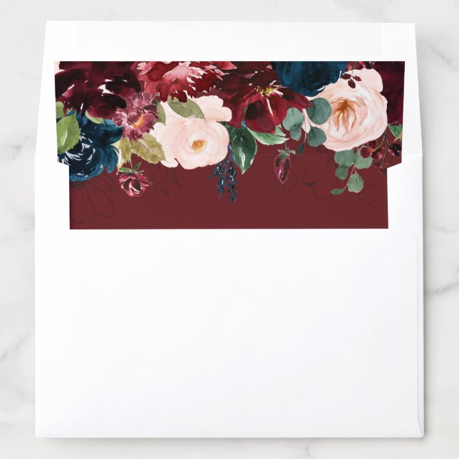 Burgundy and pink blush floral wedding envelope liner (In Envelope)