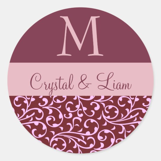 BURGUNDY and PINK Damask Wedding Monogram Classic Round Sticker