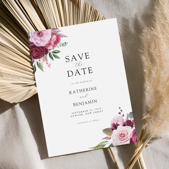 Burgundy and Pink Elegant Floral Wedding Save The Date (Creator Uploaded)