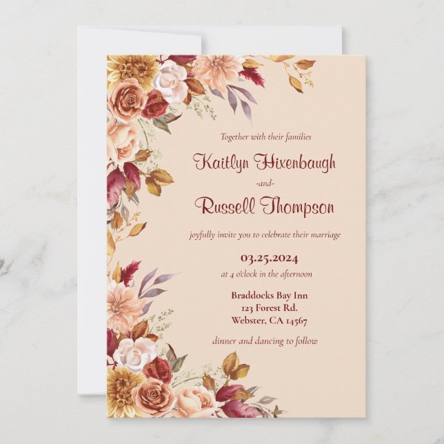 Burgundy and Pink Fall floral Wedding Invitation (Front)