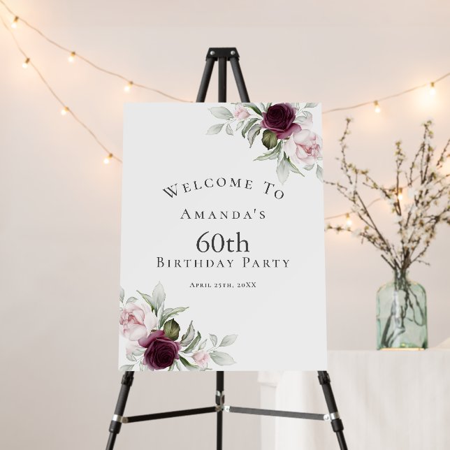Burgundy and Pink Floral 60th Birthday Foam Board (In Situ (Stand))