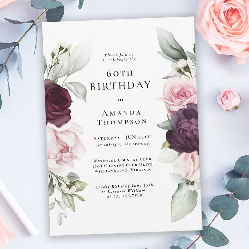Burgundy and Pink Floral 60th Birthday Invitation