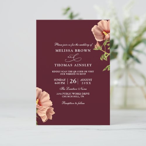 Burgundy and Pink Floral Budget QR Code Wedding Invitation