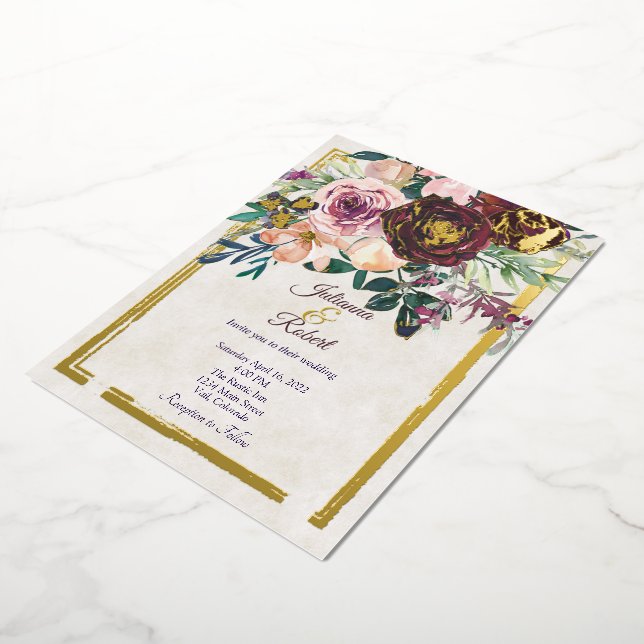 Burgundy and pink floral  budget wedding  foil invitation (Rotated)