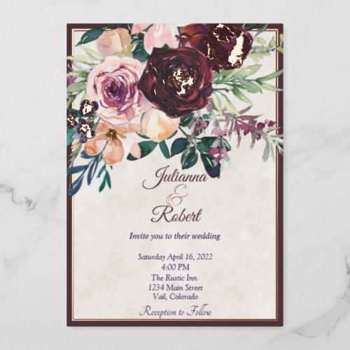 Burgundy and pink floral  budget wedding  foil invitation