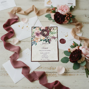 Burgundy and pink floral budget wedding foil invitation