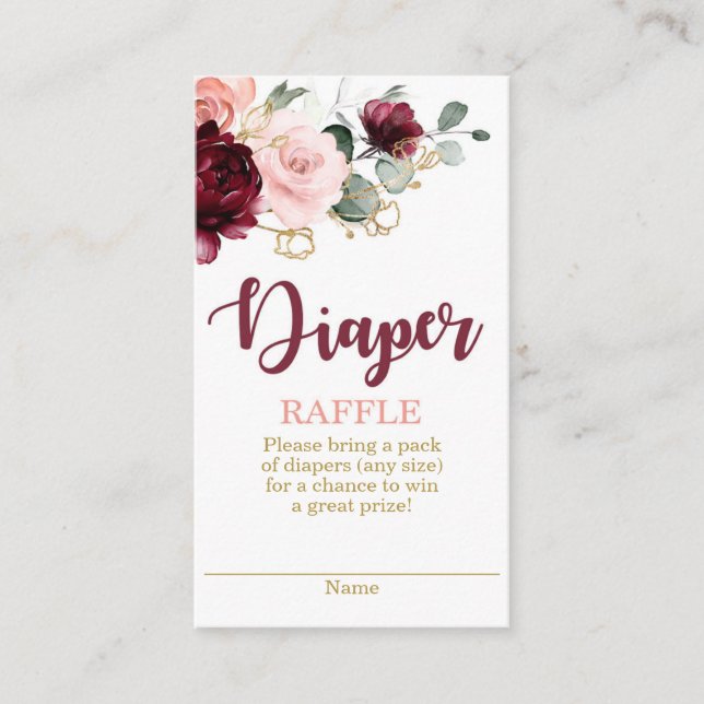 Burgundy and pink floral Diaper Raffle Enclosure Card (Front)