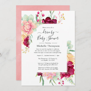 Burgundy and Pink Floral Drive By Shower Invitation