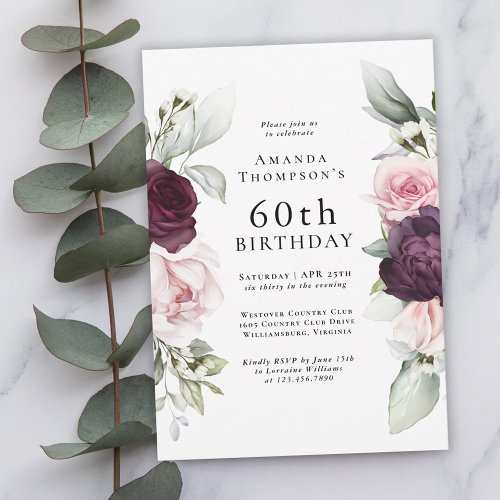 Burgundy and Pink Floral Elegant 60th Birthday Invitation