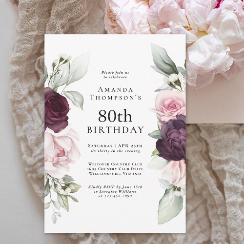 Burgundy and Pink Floral Elegant 80th Birthday Invitation