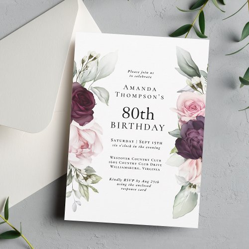 Burgundy and Pink Floral Elegant 80th Birthday Invitation