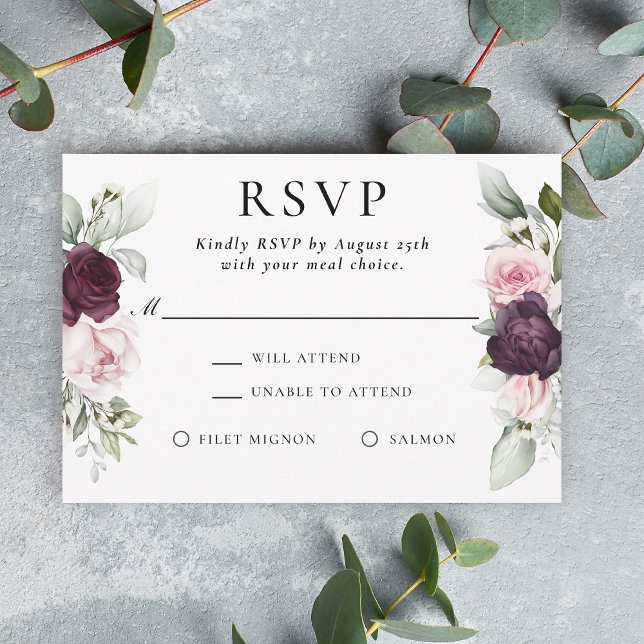 Burgundy and Pink Floral Elegant RSVP Meal Choice Card (Creator Uploaded)
