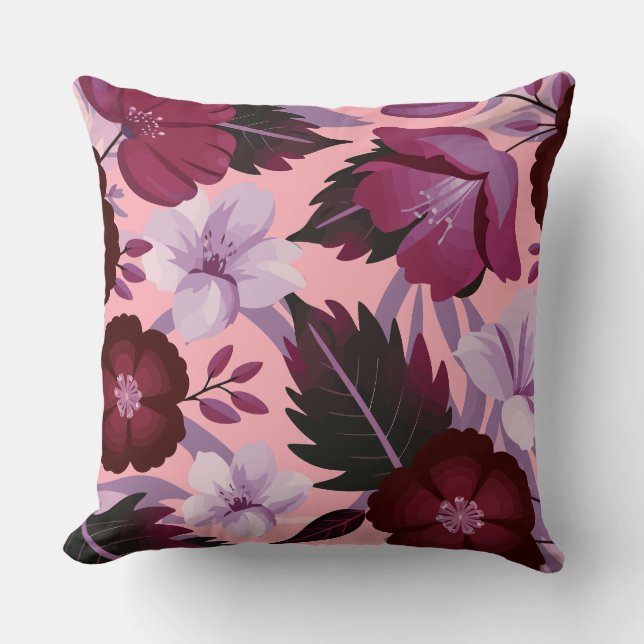 Burgundy and Pink Floral on Soft Blush Background Throw Pillow (Front)