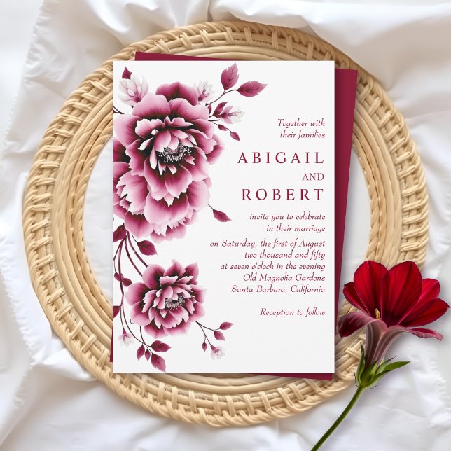Burgundy and pink floral peony flowers wedding invitation (Creator Uploaded)