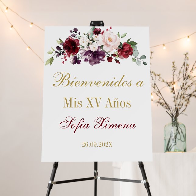 Burgundy and Pink Floral Quinceanera Welcome sign (In Situ (Stand))