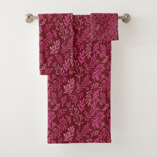 Burgundy and Pink Floral Tropical Leaf Pattern Bath Towel Set