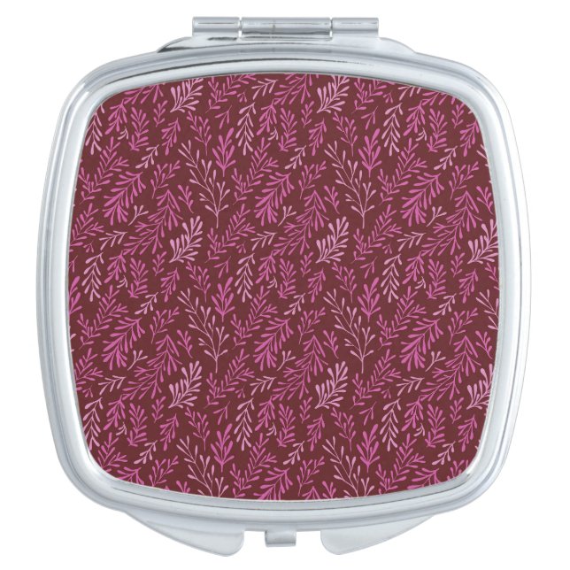 Burgundy and Pink Floral Tropical Leaf Pattern Compact Mirror (Front)