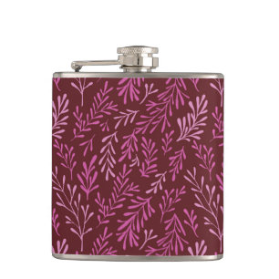Burgundy and Pink Floral Tropical Leaf Pattern Flask