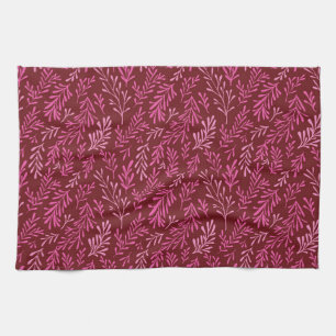 Burgundy and Pink Floral Tropical Leaf Pattern Kitchen Towel