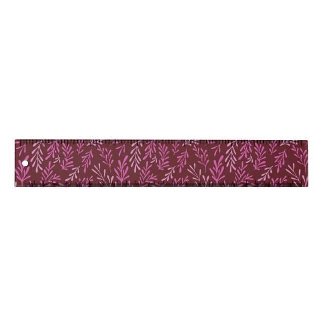 Burgundy and Pink Floral Tropical Leaf Pattern Ruler (Front)