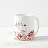 Burgundy and Pink Flowers Watercolor Name Monogram Coffee Mug (Front Right)