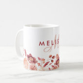 Burgundy and Pink Flowers Watercolor Name Monogram Coffee Mug (Front Left)