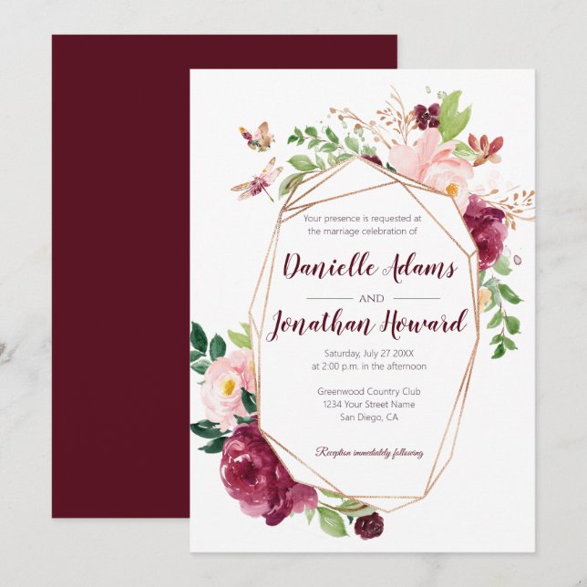 Burgundy and Pink Geometric Watercolor Wedding | Invitation (Front/Back)