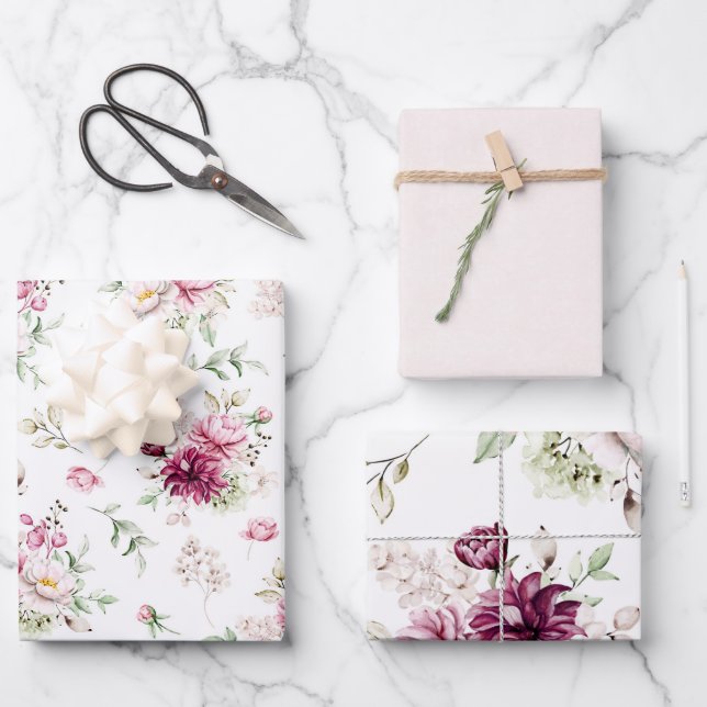 Burgundy and Pink Peonies Wrapping Paper Sheets (Front)