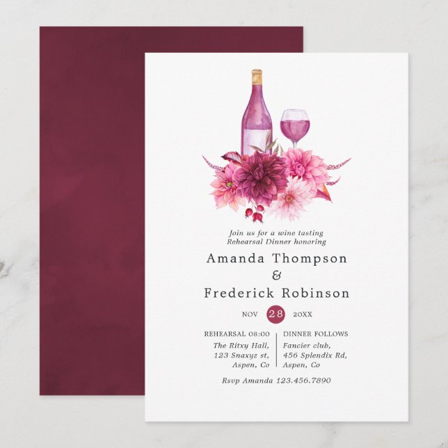 Burgundy and Pink Rehearsal Dinner Wine Tasting Invitation (Front/Back)