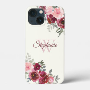 Burgundy and Pink Roses on Yellow Monogrammed iPhone 13 Mini Case