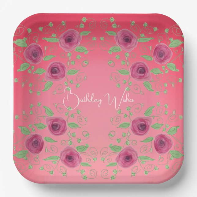 Burgundy And Pink Roses Paper Plates (Front)