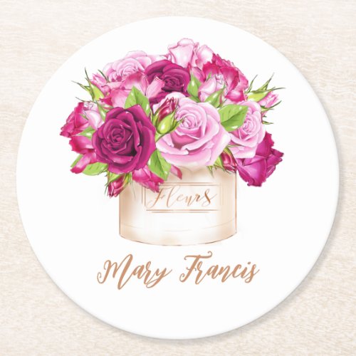 Burgundy and Pink Roses Round Paper Coaster