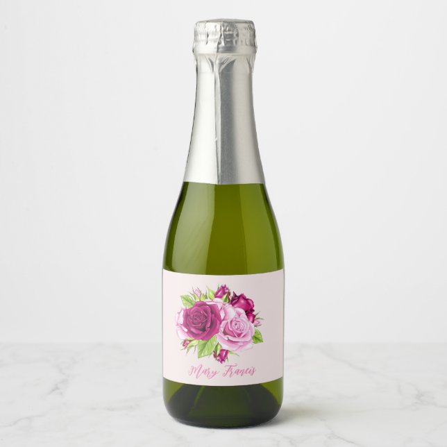 Burgundy and Pink Roses Sparkling Wine Label (Front)