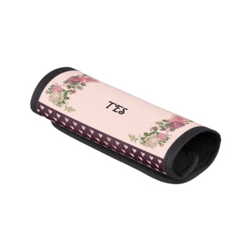 Burgundy and Pink Tiny Hearts and Floral Monogram Luggage Handle Wrap