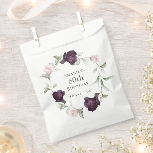 Burgundy and Pink Watercolor Floral 60th Birthday Favor Bag