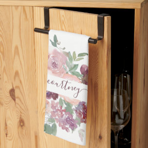 Burgundy and pink watercolor floral personalized kitchen towel